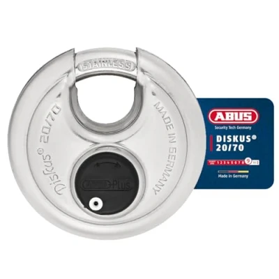 Image of ABUS Discus Padlock 20/70 Weatherproof for The Garden or Shed Heavy Duty high Security with Welding Technology Best Protection Against Break ins Level 9 Silver