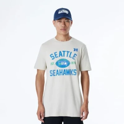 Image of SEATTLE SEAHAWKS New Era Cap NFL Regular T Shirt Distressed Screenprint Team Graphic Stone Unisex