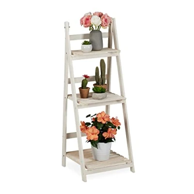 Image of Relaxdays Flower Ladder Rack, For Indoors &amp; Balcony, Shabby Chic, Standing, Folding, Plant Stand, 3 Tiers, White