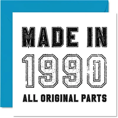 Image of 34th Birthday Card for Men Women Him Her Made in 1990 All Original Parts Funny Thirty Four Fourth Dad Mum Brother Sister, 145mm x Humour Greeting Cards