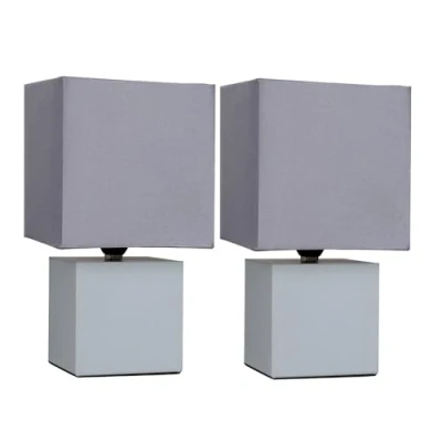 Image of Pair of Modern Grey Cube Design Touch Dimmer Bedside Table Lamps with Fabric Light Shades