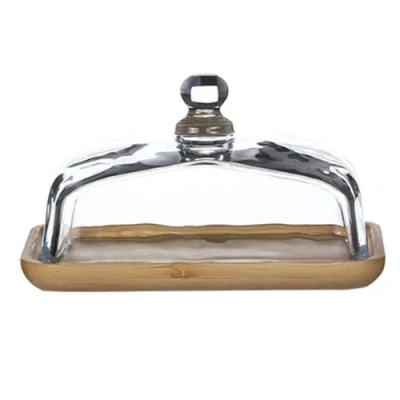 Image of Jrifedptry Bamboo Butter Dish with Glass Lid Clear Tray for Refrigerator&amp;Counter Butter,Block of Cream Cheese&amp;Serving