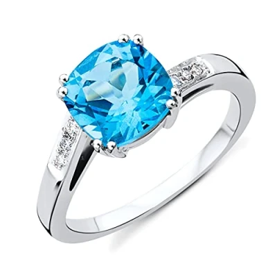Image of Miore 0.06 carat Diamond Engagement Rings, 9ct White Gold Ring with Blue Topaz Gem and Natural Diamonds, Solid Ring, Wedding Delivered Jewellery box