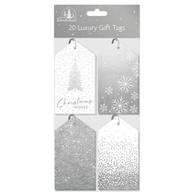 Image of Tallon Festive Wonderland Luxury Christmas Tags, Silver Stylish Pack of 20