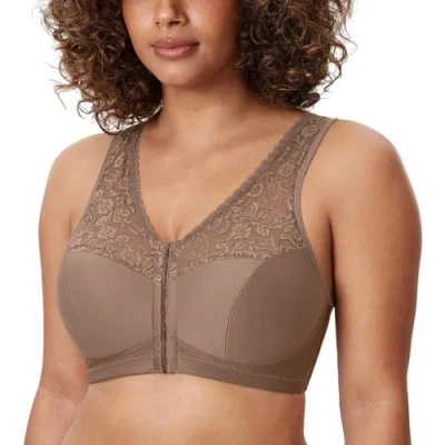Image of Delimira Women&#039;s Front Fastening Bras Lace Wireless Plus Size Full Coverage Racerback Support Bra Brown Purple 38H