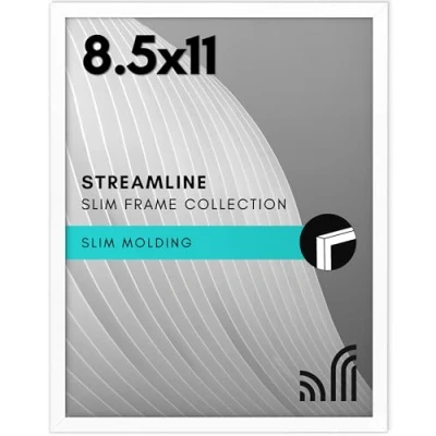 Image of Americanflat 8.5x11 Picture Frame in White with Shatter Resistant Glass Thin Border Horizontal and Vertical Formats for Wall Tabletop