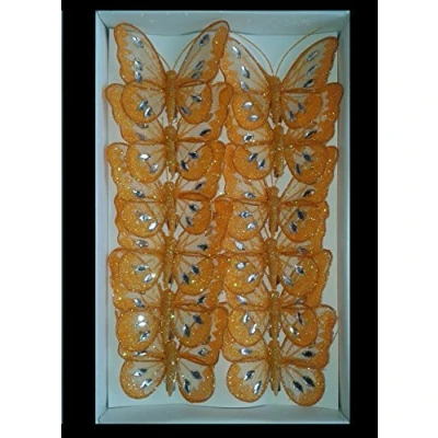 Image of Mesh Glittered Clip On Butterflies 8cm, Orange, Tray of 12