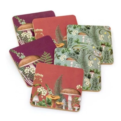 Image of Carousel Home Set of 6 Mushroom Coasters Forest Fungi Cork Backed Coaster Piece Kitchen Drinks Cup Mug Table Mats 10cm