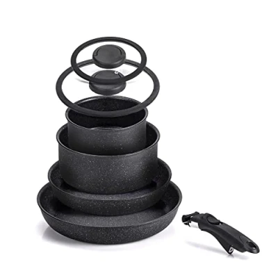 Image of Moneta Etnea Minispace 7 piece battery, composed of 1 removable handle, 24 and 28 cm pan, 16 20 saucepan, glass lid with silicone edge, cm, aluminum (Without induction)