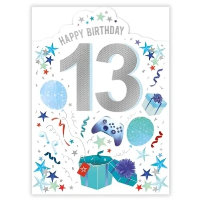 Image of Boys 13th Birthday Card Age 13 Balloons and Confetti Gaming Design Special Finishes Made in the UK Eco Friendly