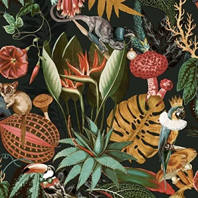 Image of Wonderland Tropical Animal Wallpaper Black Holden 91193
