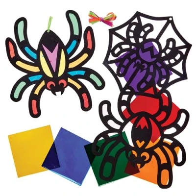 Image of Baker Ross FX627 Spider Stained Glass Decoration Kits Pack of 6, Halloween Craft for Kids