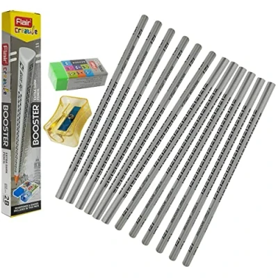 Image of BoostXtra 2B Wood Pencils Sharpener Eraser, Pack of 10, Black Lead, Wooden Triangular Grip Pencils, School Office Home Pack, ZOFAX Ball Pen