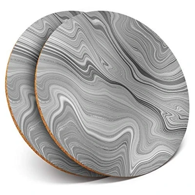 Image of 2 x Round Coasters Grey Marble Stone Ink Art Cork Backed Home Kitchen Accessory Tea Coffee Mug Mat #43001