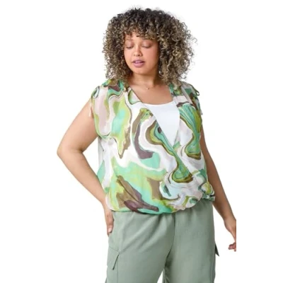 Image of Roman Curve Womens Swirl Print Overlay Bubble Hem Top Green Size 20 UK