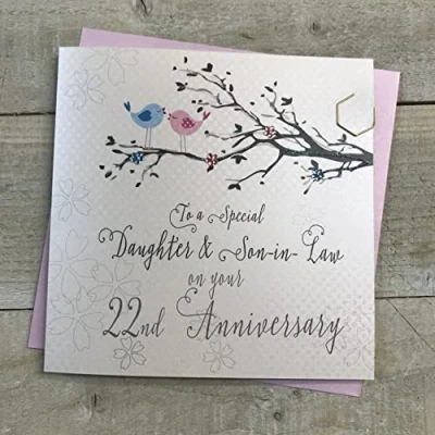 Image of White cotton cards Daughter &amp; Son in Law 22nd Wedding Anniversary Card Birds and Tree branch