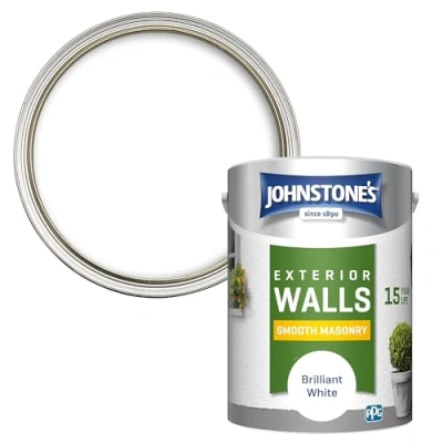 Image of Johnstone&#039;s, Exterior Smooth Masonry Paint, Brilliant White, Up to 15 Years Protection, Weather &amp; Dirt Resistant, 60m² Coverage Per Tin, Dry in 1 2 Hours, 5L