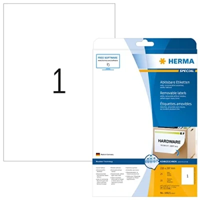 Image of HERMA Self Adhesive Removable Labels, 1 Label per A4 Sheet, 25 Sheets, 210 x 297 mm, Blank Multipurpose Labels Stickers, Sticky for Laser &amp; Inkjet Printer, White
