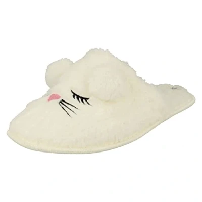 Image of Spot On Ladies Mouse Detailed Mule Slippers X2116 White Textile UK Size 7 EU 40 US 9