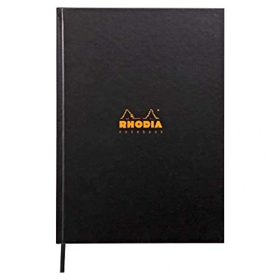 Image of RHODIA 19056C Black Hard Notebook A4 Lined 192 pages Clairefontaine White Paper 90g Bookmark Ribbon Rhodiactive