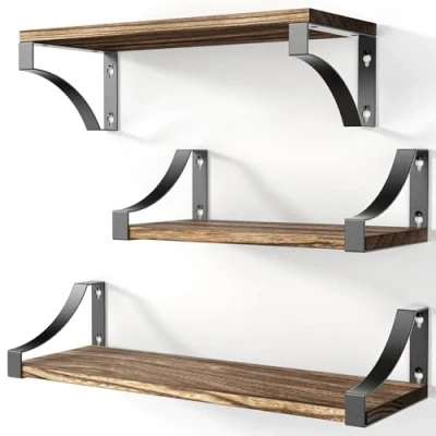 Image of Pipishell Floating Shelves Wall Mounted Shelf, Paulownia Wood Shelves, Wooden Set of 3 for Bedroom, Bathroom, Living Room, Kitchen, Home Office, Laundry room,etc (Rustic Brown)