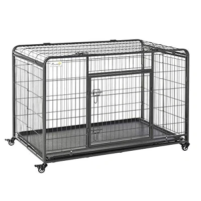 Image of PawHut Metal Dog Cage Kennel Locking Door &amp; Wheels Removable Tray Openable Top For Extra Large Pets 125 x 76 81 cm