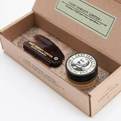 Image of Captain Fawcett&#039;s Moustache Wax (Sandalwood Scent) &amp; Folding Pocket Comb (CF.87T) Gift Set Made in England