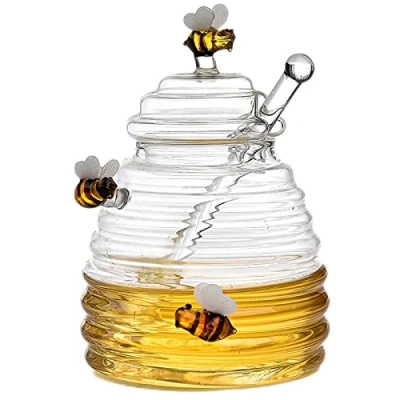 Image of Jomewory Honey Jar, Glass Dispenser, Jar With Dipper, Transparent Lid, Unique Beehive Shape Honeypot