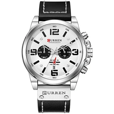 Image of Mens Leather Strap Watches Chronograph Classic Black Casual Dress Stainless Steel Case Waterproof Date Analog Quartz Multifunction Military Watch (Silver White)
