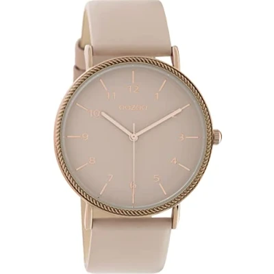 Image of Oozoo Women&#039;s Watch with Leather Strap Flat 40 mm Diameter and Arabic Numbers in Various Variations, Rose gold / pink grey, Strap.