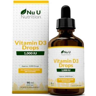 Image of Vitamin D Drops 90ml (3000 Drops) 1000IU per Drop 50% More Flexible Dose of Liquid D3 Supplement for Adults Unflavoured &amp; Vegetarian Made in The UK Nu U Nutrition