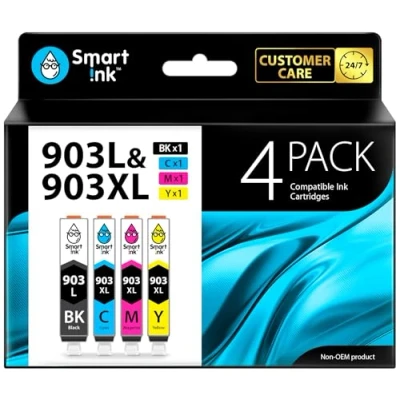 Image of Smart Ink Compatible Cartridge Replacement for HP 903 903XL High Yield 4 Multipack (Black &amp; C/M/Y) with Advanced Chip Technology to use Officejet 6950 Pro 6960 6970 All in one
