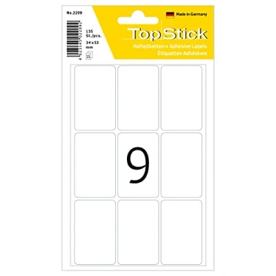 Image of TopStick Multi Purpose Labels, 9 Labels per Sheet, 150 Sheets, 34 x 53 mm, 1350 Self Adhesive Stickers, Blank Sticky for Office Kitchen Home, White