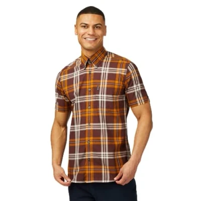Image of Ben Sherman Big Size Block Check Short Sleeve Shirt for Men in Wine, 5XL