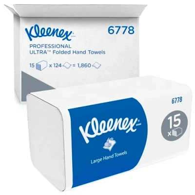Image of Kleenex ultra large paper towels with interfold 6778 2 ply V fold 15 packs x 124 (Total 1860 folded towels) , soft, comfortable, absorbent and tear resistant