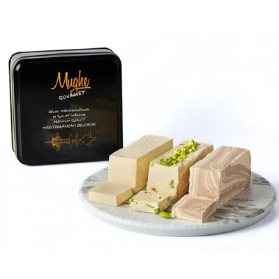 Image of Mughe Gourmet Halvah Assortment 1.88lb (850g) Tin Gift Box 3 Delicious Vegan Marble Tahini Bars Pistachio, Cocoa, Vanilla Flaky Turkish Halawa Gifts Perfect for Birthdays, Fathers Day
