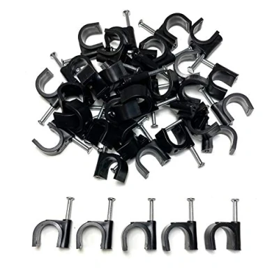 Image of TR Cable® Pack of 50 Round Black Cable Clips with Strong Nails Durable &amp; Versatile Ideal for Indoor/Outdoor Management, 16mm