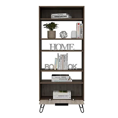 Image of Home Source Tall Bookcase Display Cabinet, 1 Door Storage Cupboard, Two Tone Oak Effect, 5 Tier, Engineered Wood, Shelf
