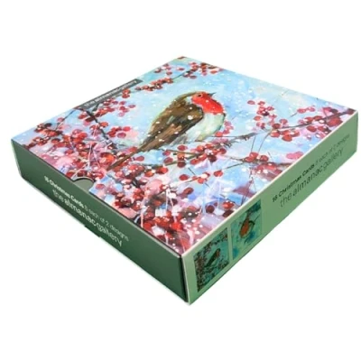 Image of Box of 16 Red Robin &amp; Berries Christmas Cards in 2 Designs Boxed Xmas ADBX0026