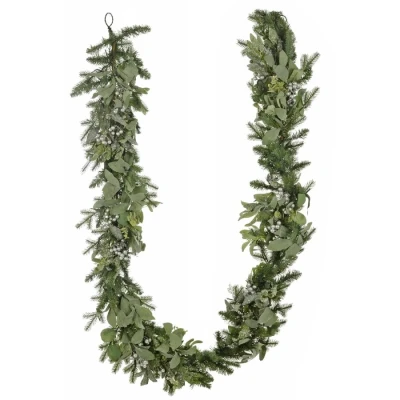 Image of Mr Crimbo Pre Lit Christmas Garland 100 Warm White Lights Silver Berries Green Frosty Leaves 2.7m 9ft