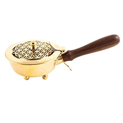 Image of NKlaus incense burner brass gold with wooden handle L: 20cm Flower of life for and resins Carrying vessel operating mode charcoal sand 4020