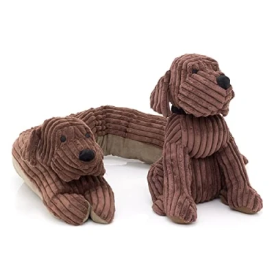 Image of 2 Piece Chocolate Dog Door Stop And Draught Excluder Chunky Cord Ribbed Fabric Puppy Doorstop Draft Set Of Home Decor
