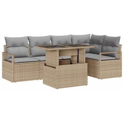 Image of vidaXL 6 Piece Garden Sofa Set with Cushions Beige Poly Rattan