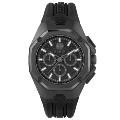 Image of Philipp Plein Men&#039;s Watch Analogue Quartz Chrono Octagon Silicone, Black/Black Pwtba0623, Strap.
