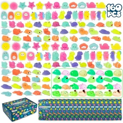 Image of Mochi Squishy Toys for Party Bag Fillers Kids Pack 160 BONNYCO Favours with Glow in the Dark, Unisex Fidget Pinata Filler Birthday