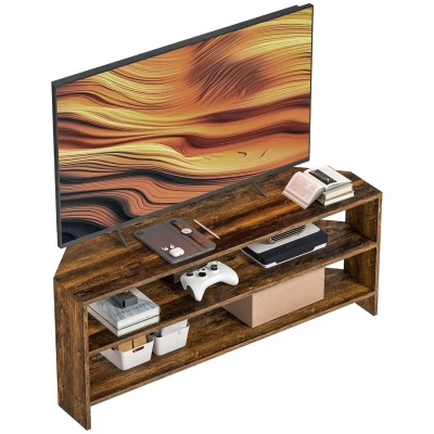 Image of HOMCOM Corner TV Stand for 47 Inch Television, Modern Unit with 2 Open Shelves Living Room, Bedroom, Rustic Brown