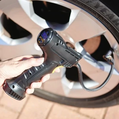 Image of Burwells Cordless 12V Tyre Inflator LED Digital Display 150PSI Air Compressor Pump Nozzle Valve Adaptors Bright Light Battery Powered Backlit