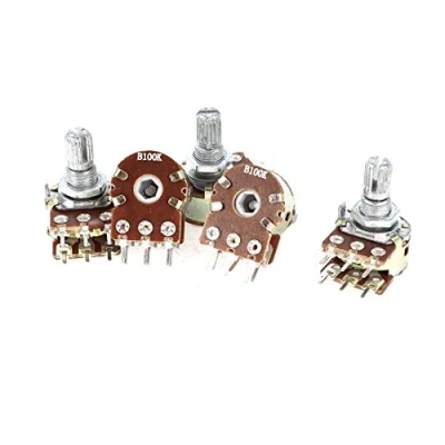 Image of Sourcingmap a14052200ux0321 5 x B100K 100K Ohm Metal Rotating Shaft Dual Linear Rotary Taper Potentiometer Shown (1 Piece)