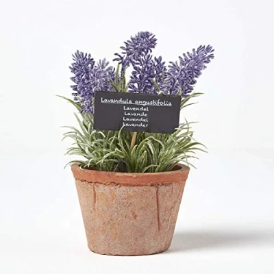 Image of HOMESCAPES Artificial Lavender in Terracotta Pot Decorative Faux Purple Potted Heather Plant Distressed Planter for Indoor Decoration, 15 cm Tall
