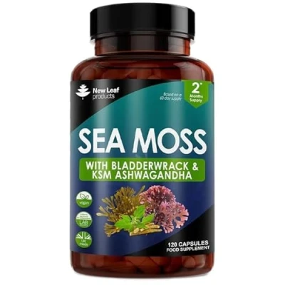 Image of Sea Moss Complex Pure Irish Capsules with Bladderwrack &amp; KSM Ashwagandha High Strength Capsule 120 Fill Vegan Made in The UK by New Leaf